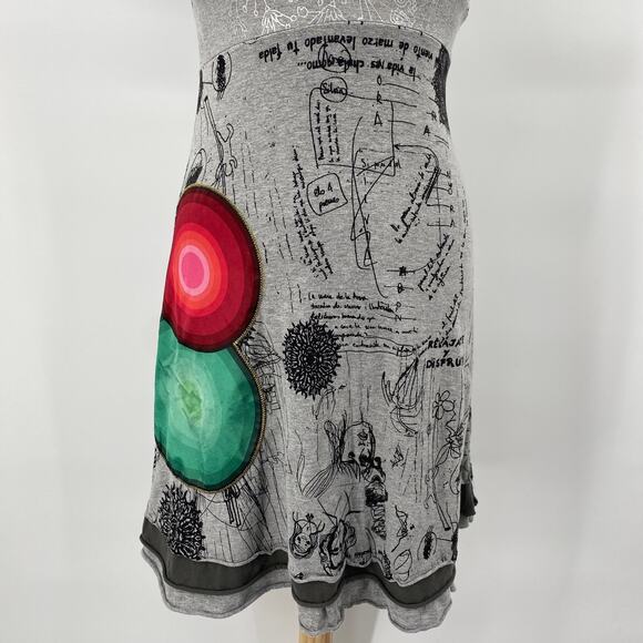 Desigual Nagore Mini Dress Sketchbook Pattern Fit & Flare V Neck Grey Womens S - Picture 6 of 16